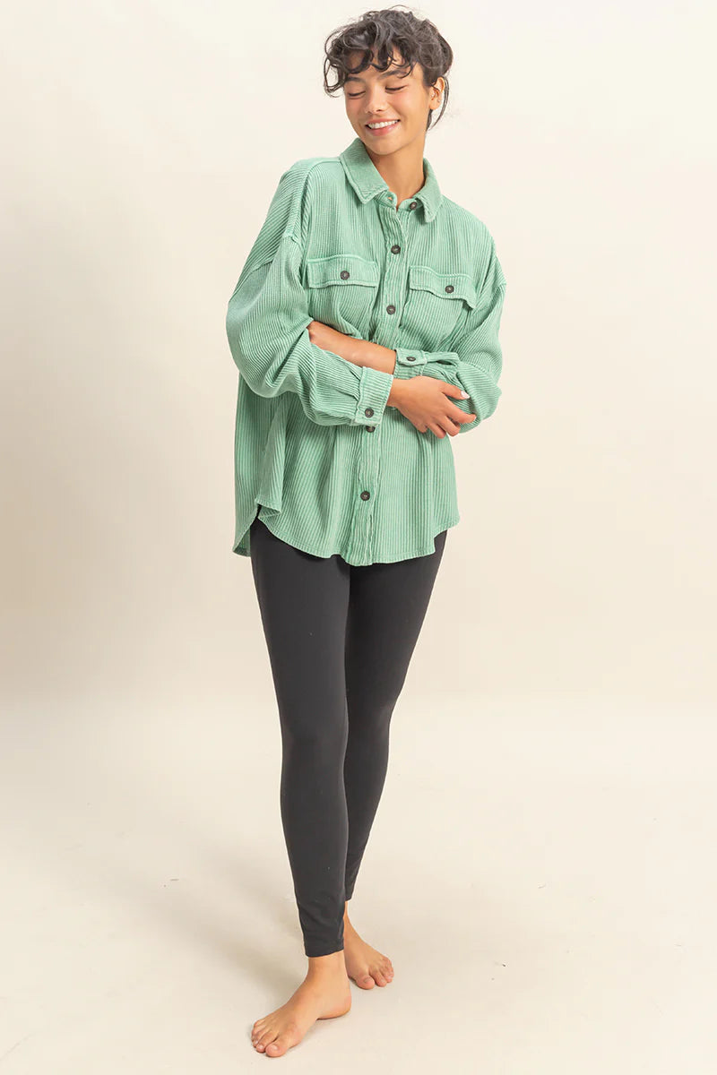 The Waffle Knit Button Up in Sea foam Green